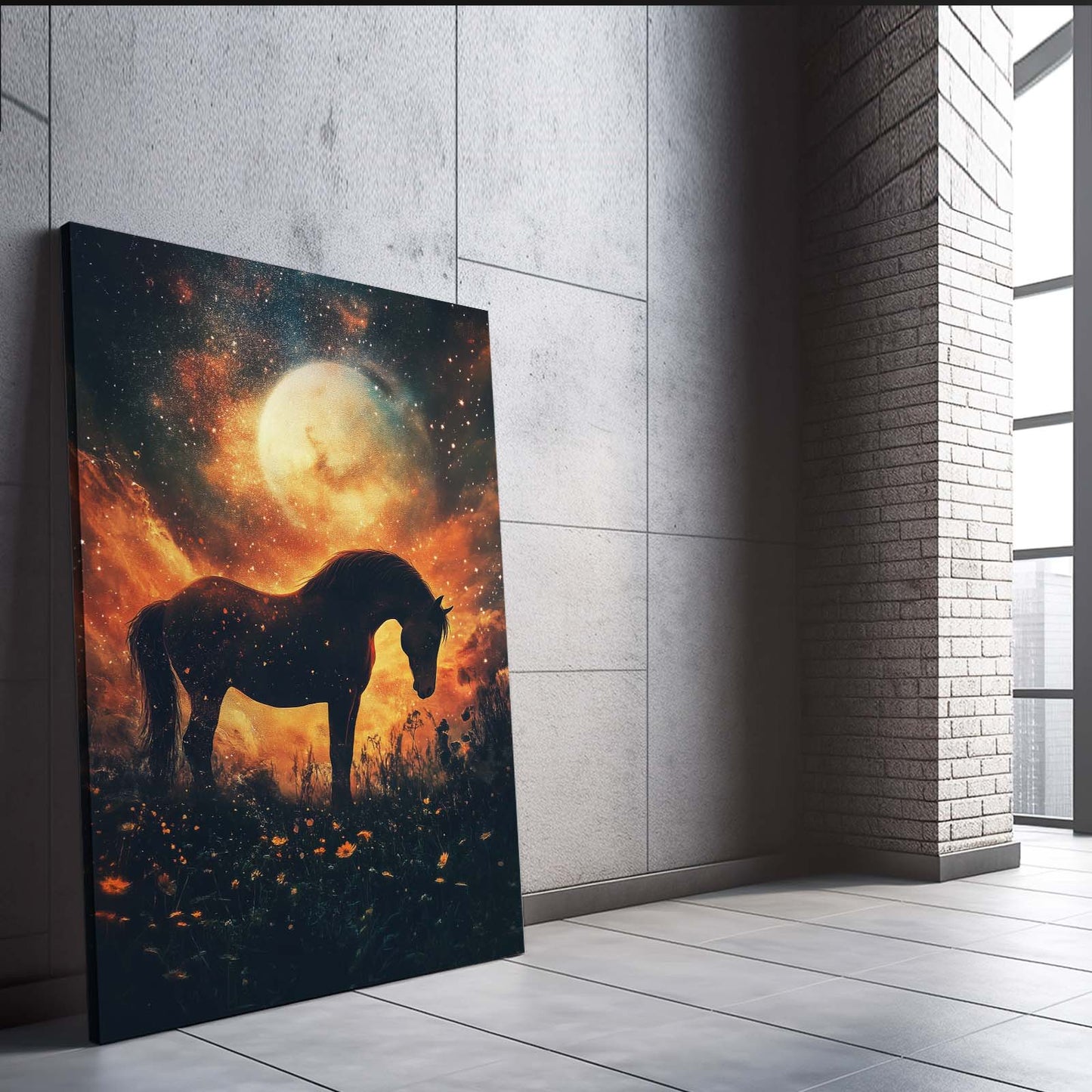 Space Horse Wall Art – angled canvas view on white background