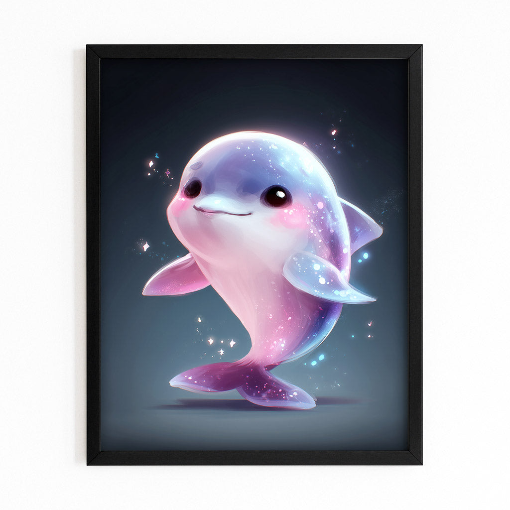 Sparkle Baby Dolphin Art – adorable 3D baby dolphin glowing with pink and blue sparkles on a dark background
