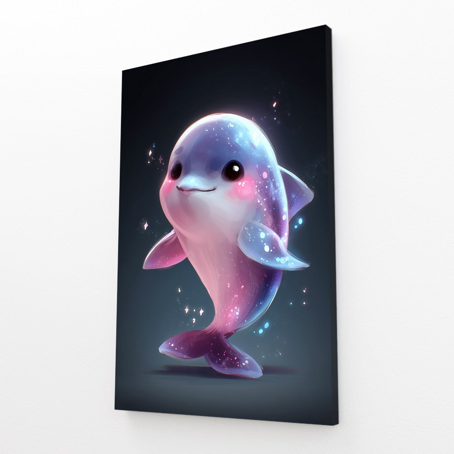 Sparkle Baby Dolphin Art – angled canvas view on white background