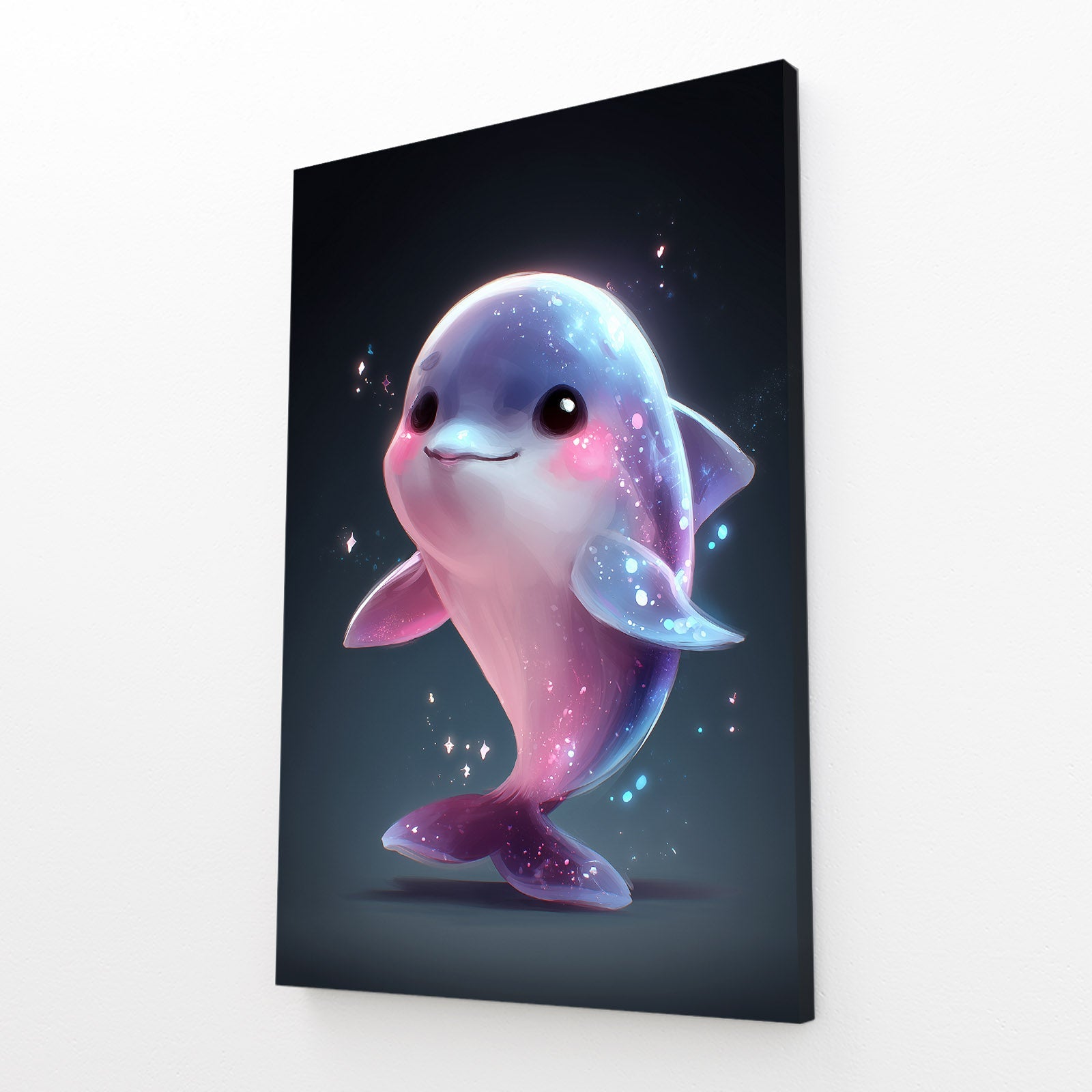 Sparkle Baby Dolphin Art – angled canvas view on white background