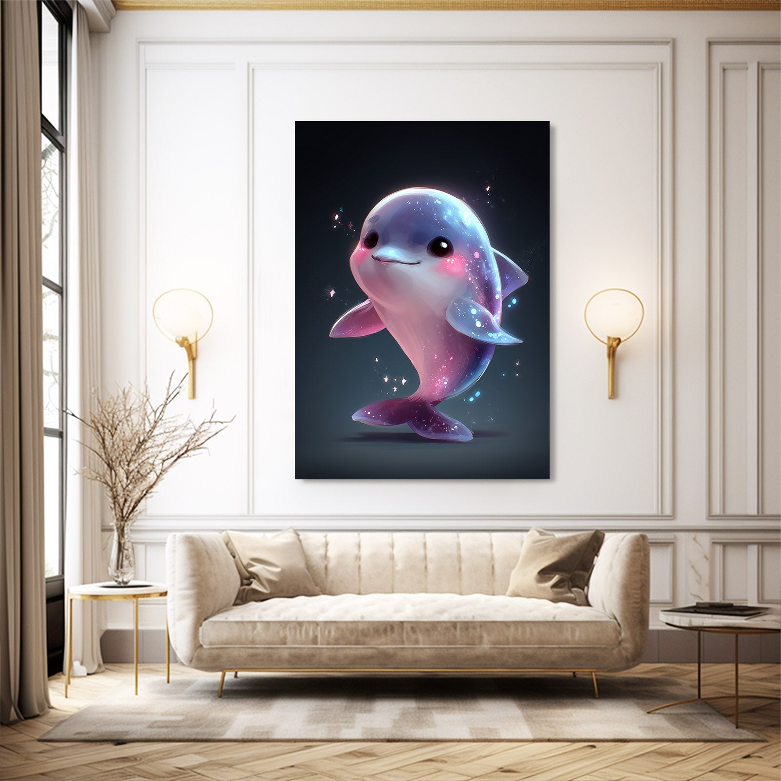 Sparkle Baby Dolphin Art – styled in a furnished interior
