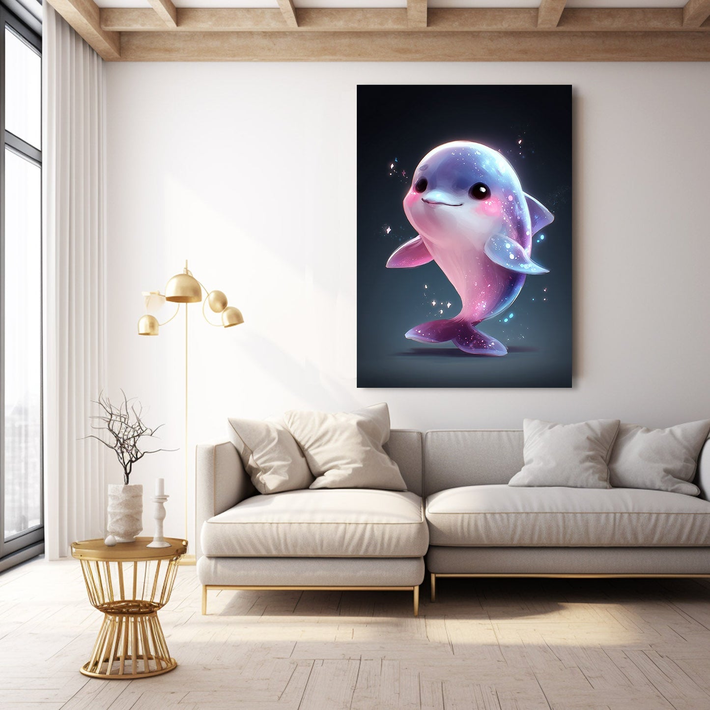 Sparkle Baby Dolphin Art – styled in a furnished interior