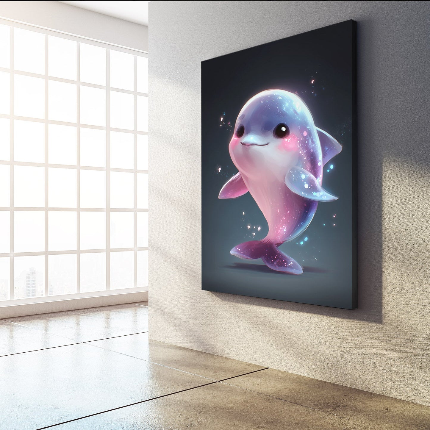 Sparkle Baby Dolphin Art – styled in a furnished interior