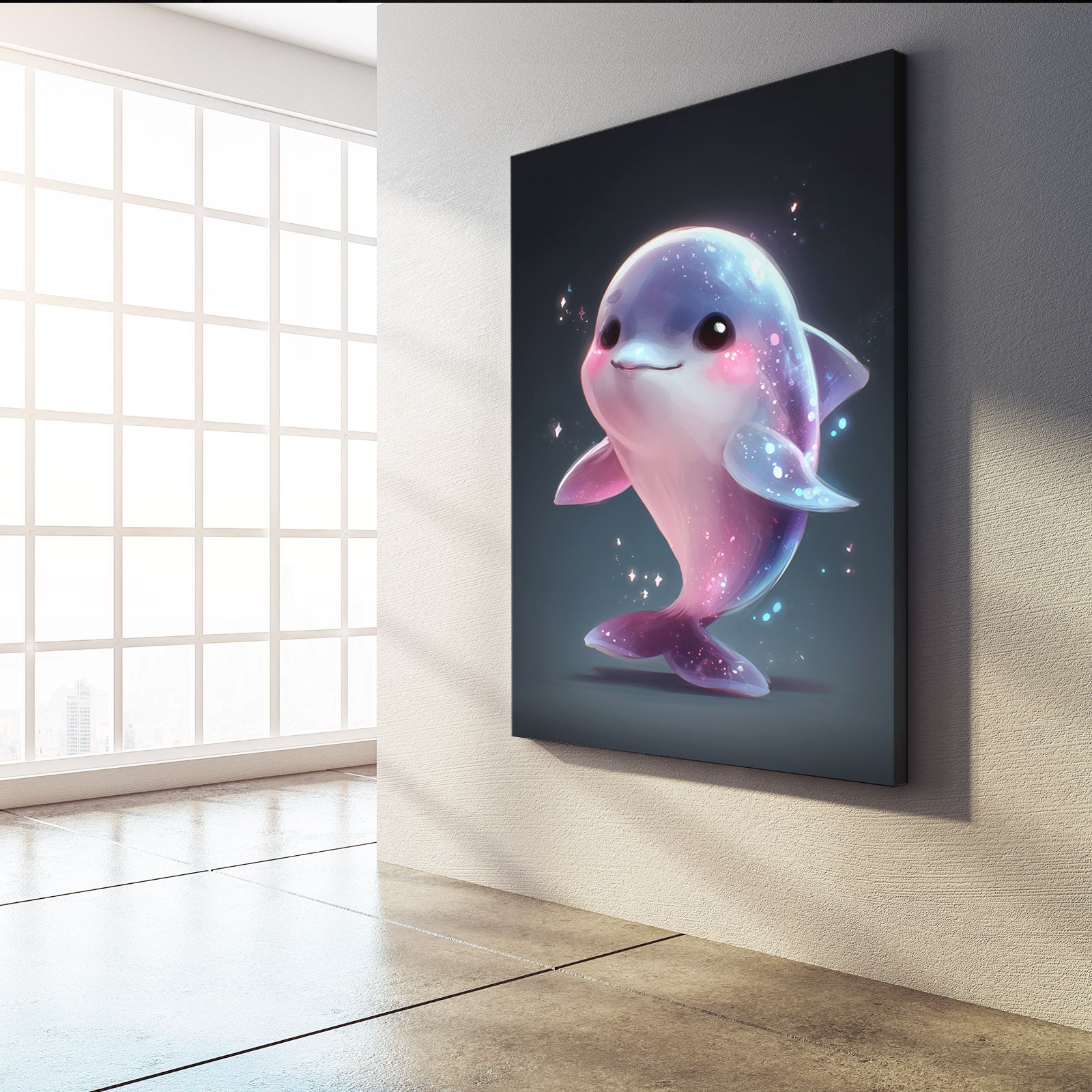 Sparkle Baby Dolphin Art – styled in a furnished interior
