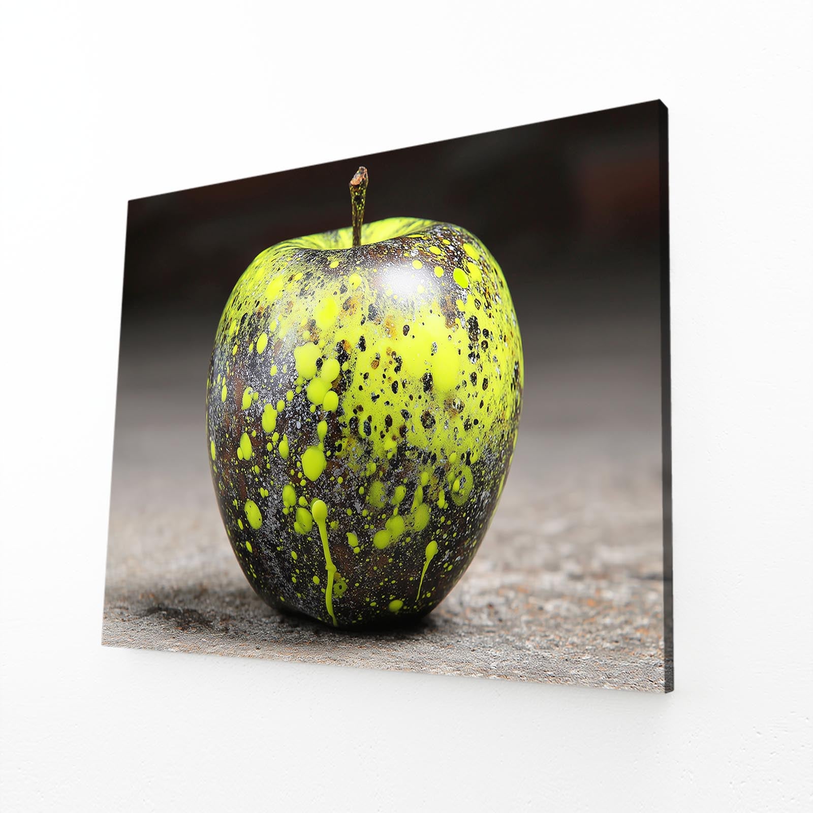 Speckled Green Stone Apple Wall Art – angled canvas view on white background