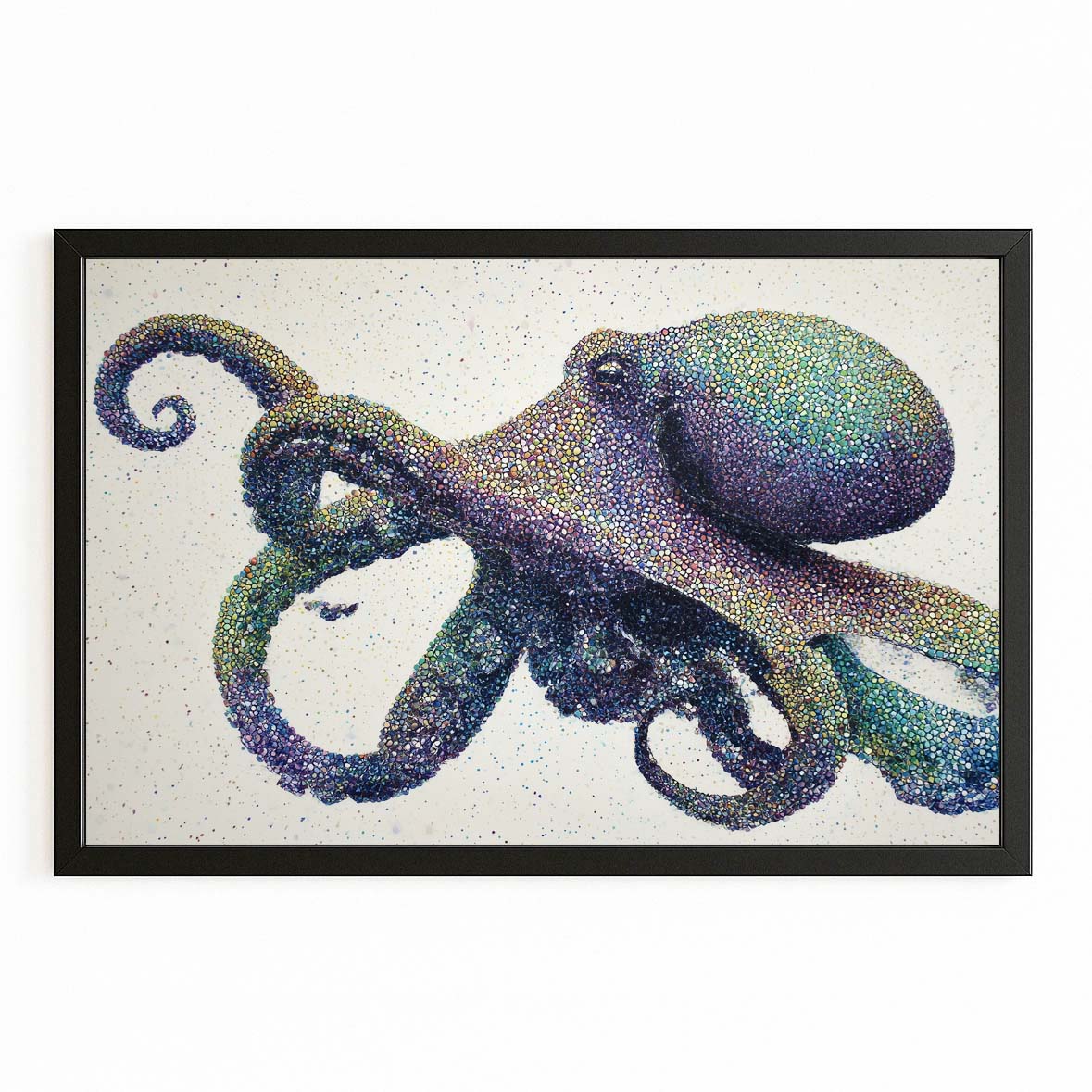 Speckled Teal Drift Octopus Canvas Art – with Premium Black frame on white background