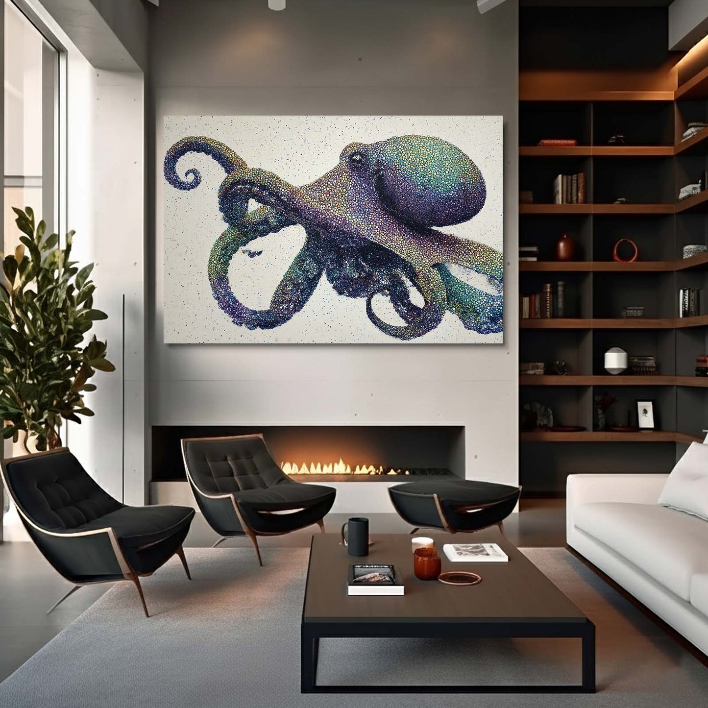 Speckled Teal Drift Octopus Canvas Art – styled in a furnished interior