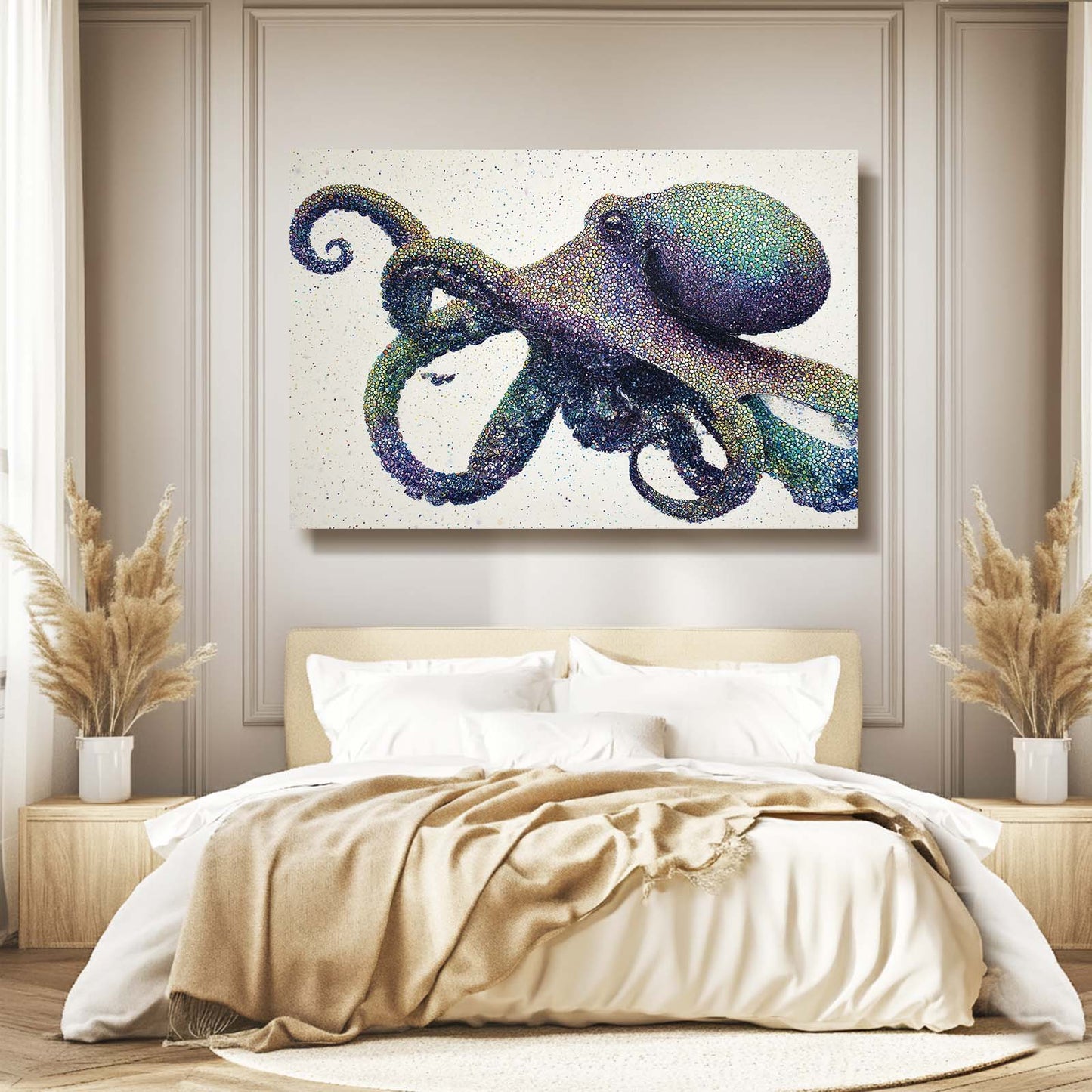 Speckled Teal Drift Octopus Canvas Art – styled in a furnished interior
