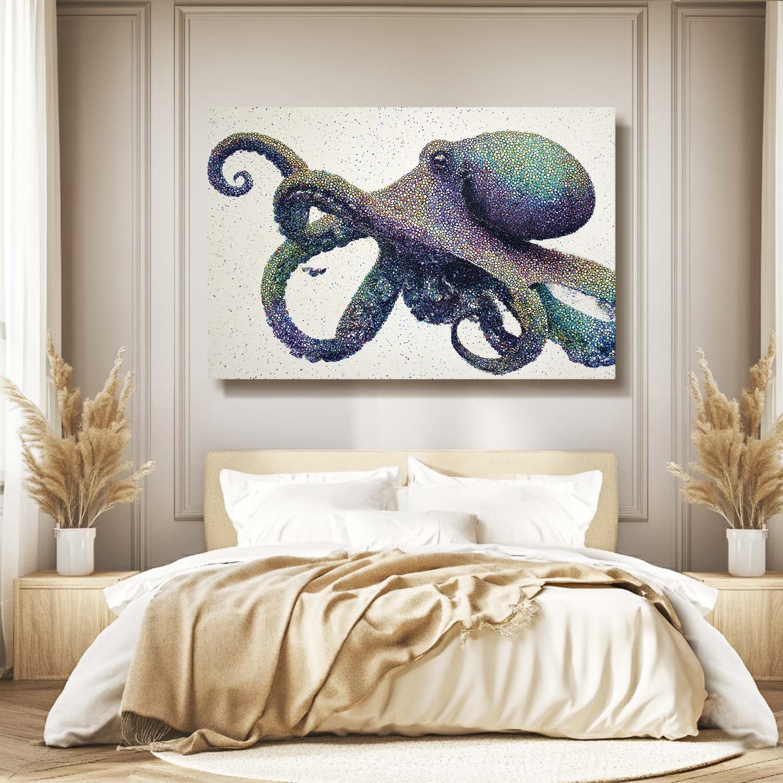 Speckled Teal Drift Octopus Canvas Art – styled in a furnished interior