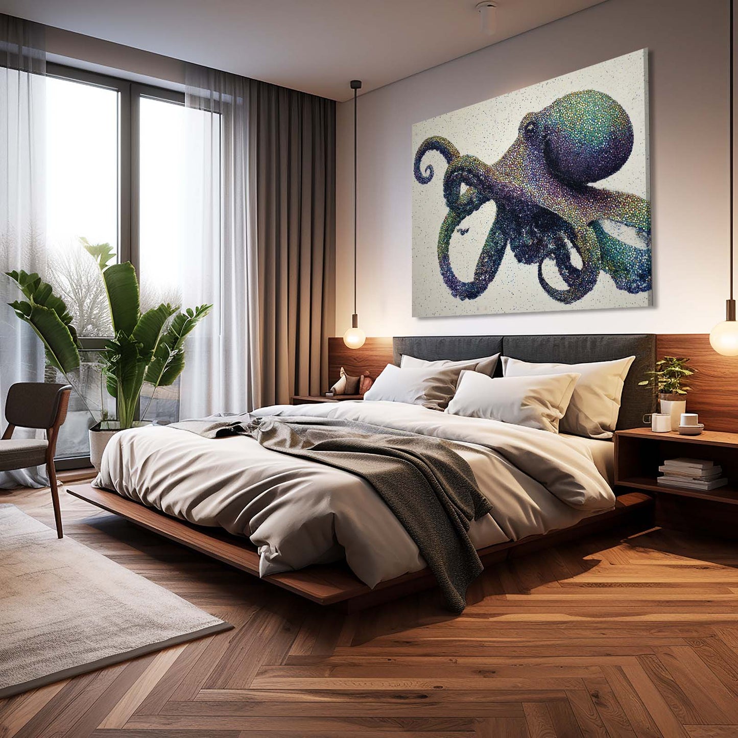 Speckled Teal Drift Octopus Canvas Art – styled in a furnished interior