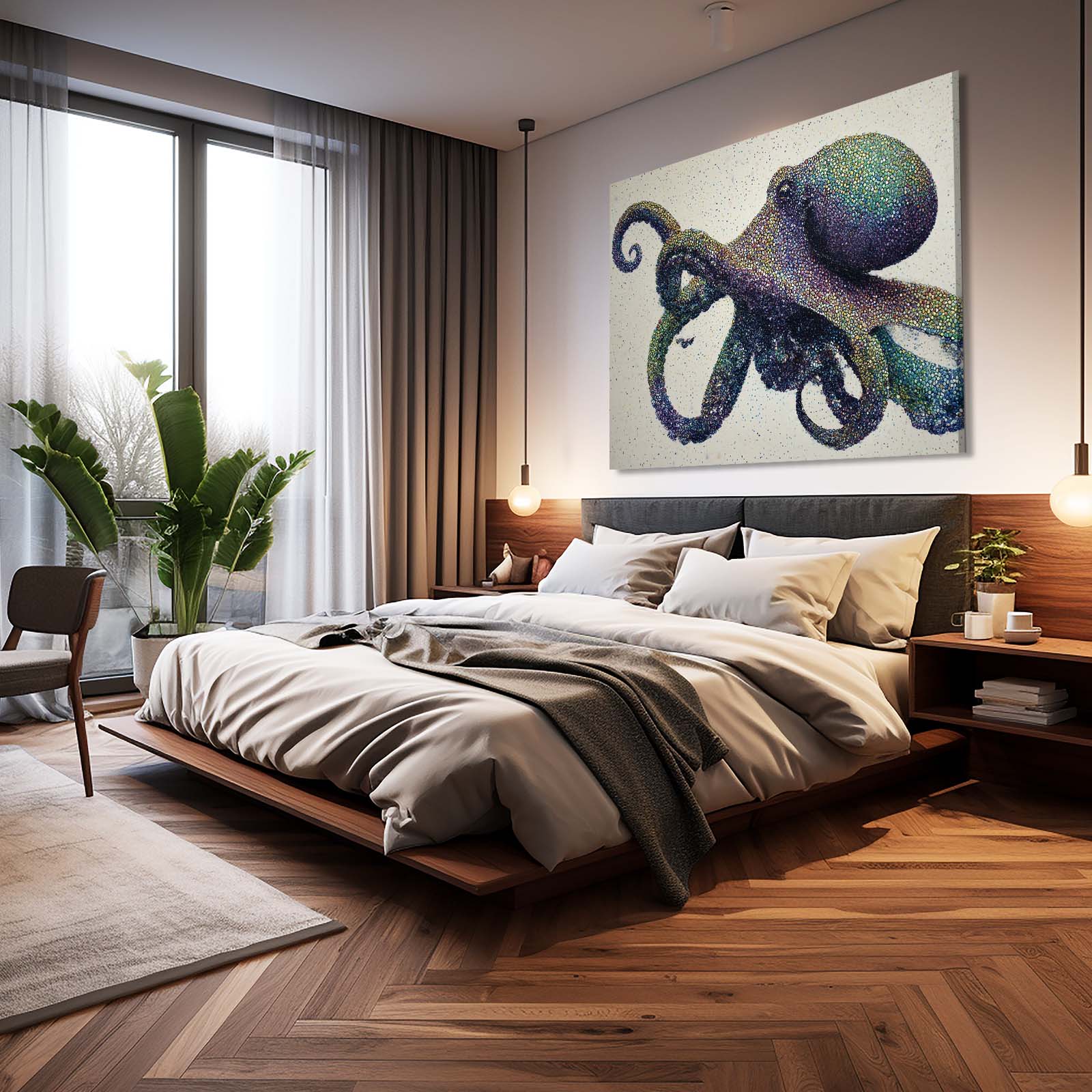 Speckled Teal Drift Octopus Canvas Art – styled in a furnished interior