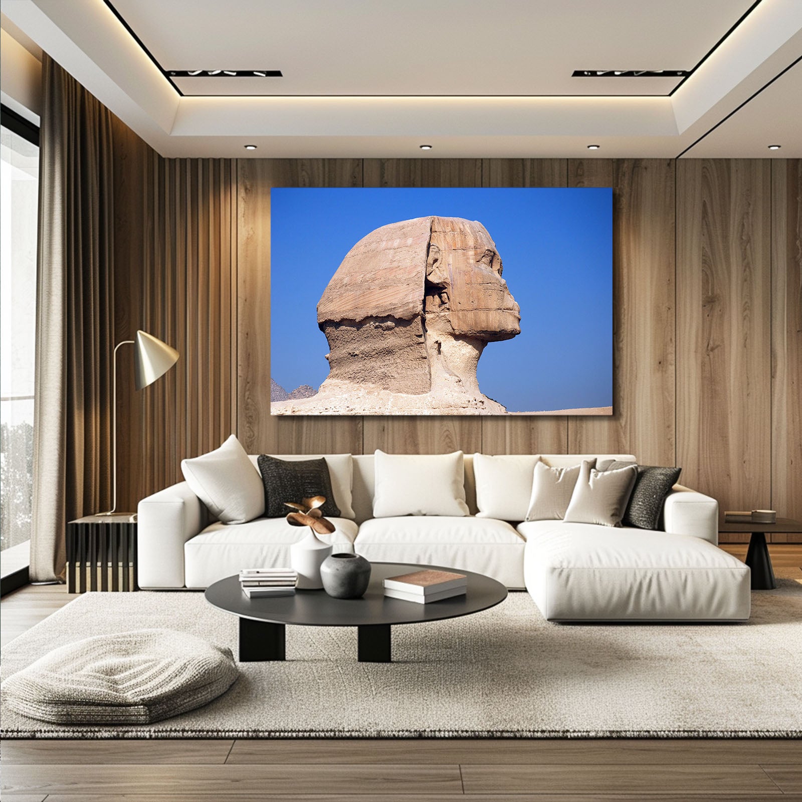 Sphinx Blue Sky Egyptian Canvas Art – styled in a furnished interior