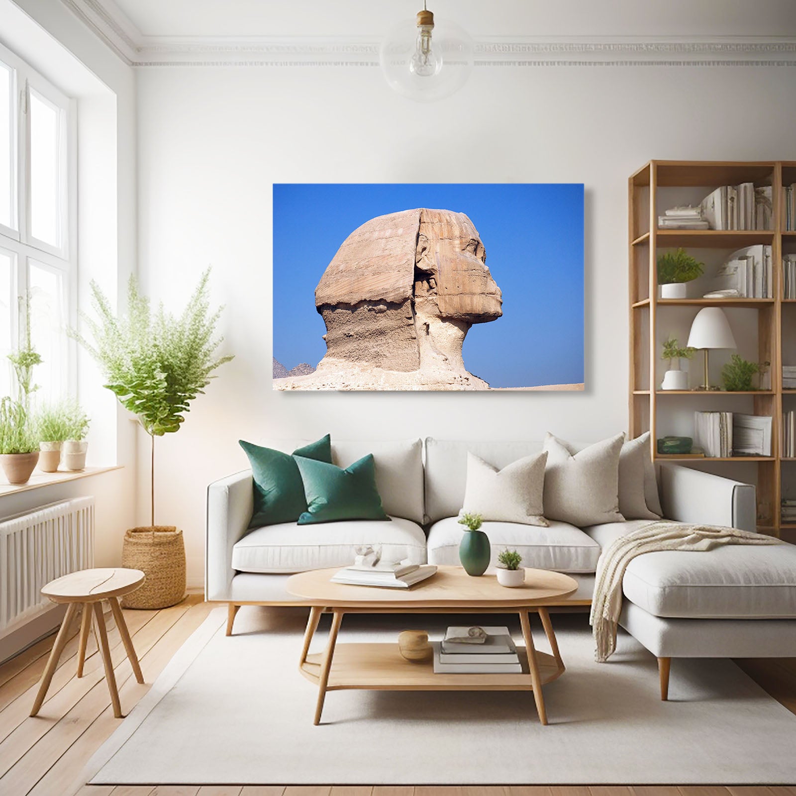 Sphinx Blue Sky Egyptian Canvas Art – styled in a furnished interior