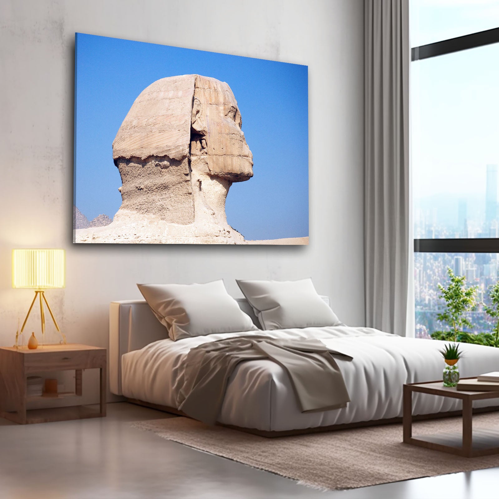 Sphinx Blue Sky Egyptian Canvas Art – styled in a furnished interior