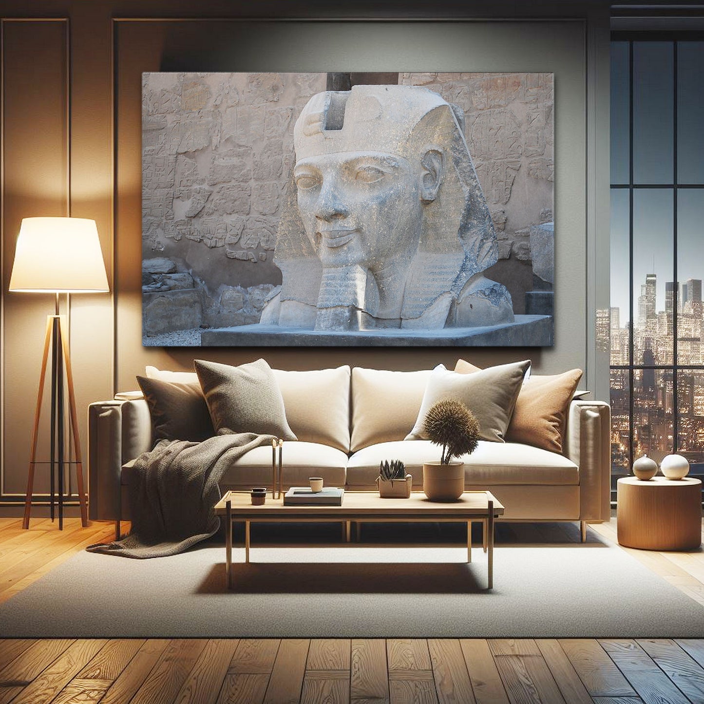 Sphinx Bust Study Egyptian Canvas Art – styled in a furnished interior