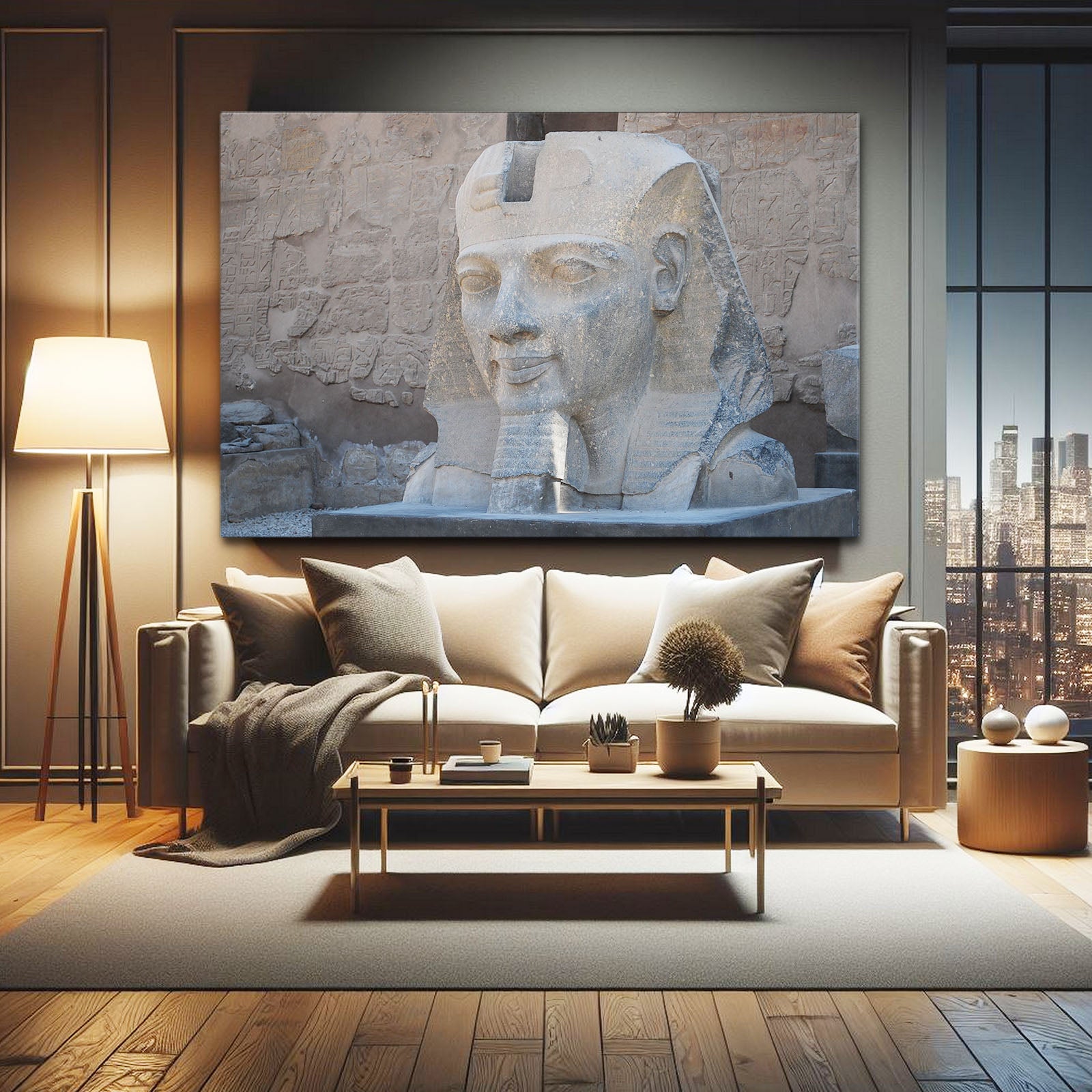 Sphinx Bust Study Egyptian Canvas Art – styled in a furnished interior
