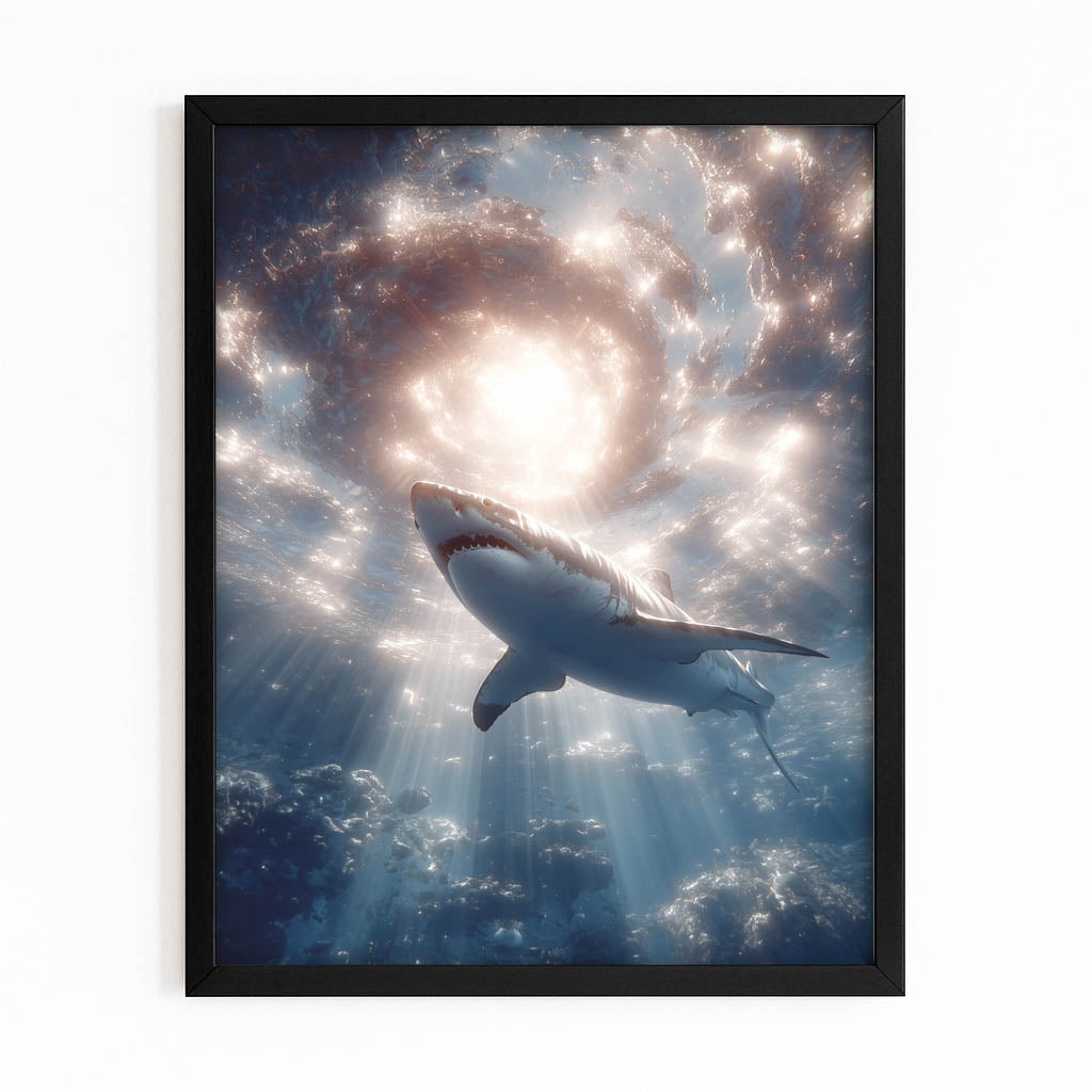 Spiral Galaxy Dream Shark Wall Decor – with Premium Black frame on white background
