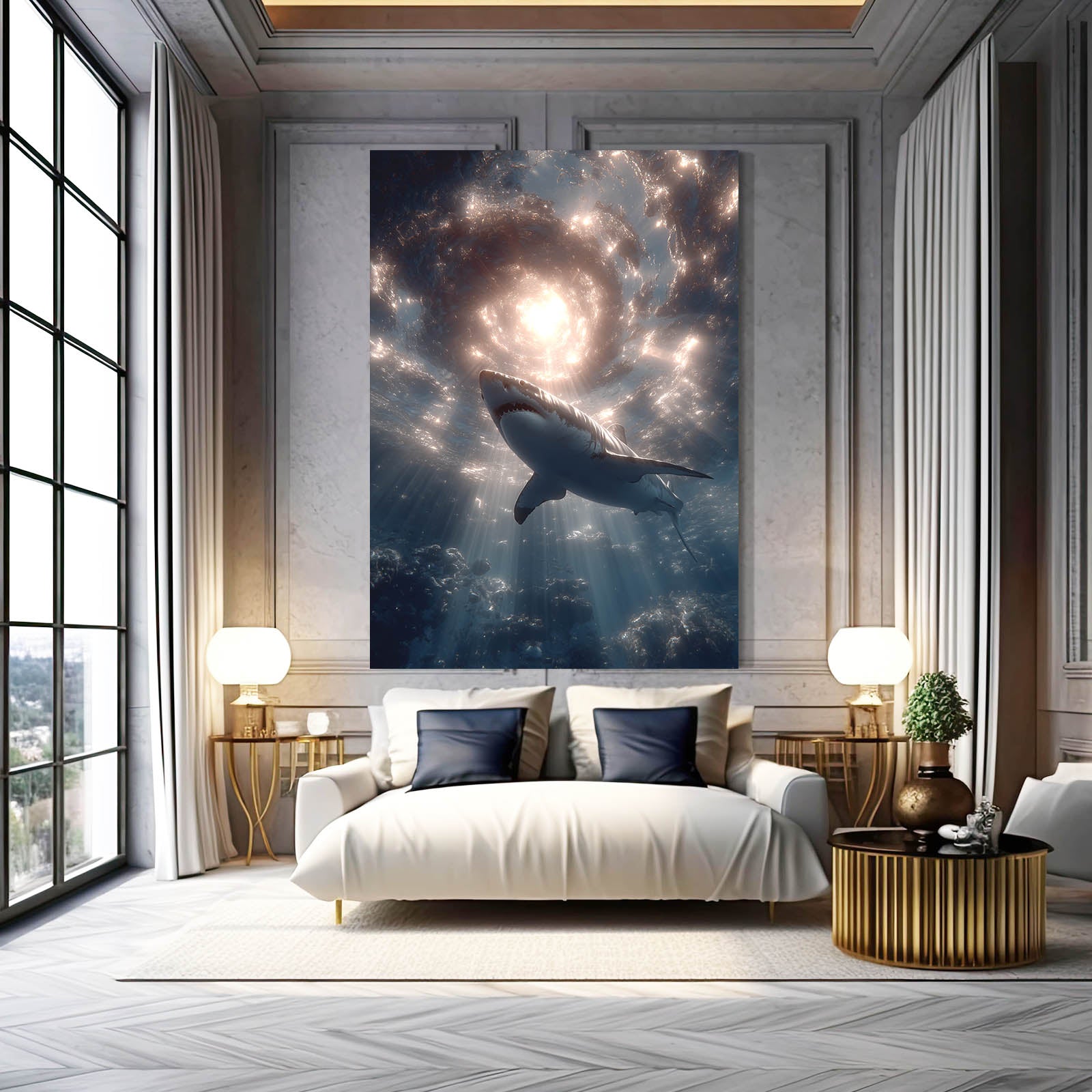 Spiral Galaxy Dream Shark Wall Decor – styled in a furnished interior