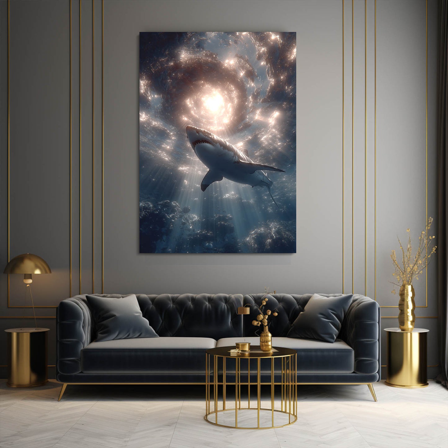 Spiral Galaxy Dream Shark Wall Decor – styled in a furnished interior