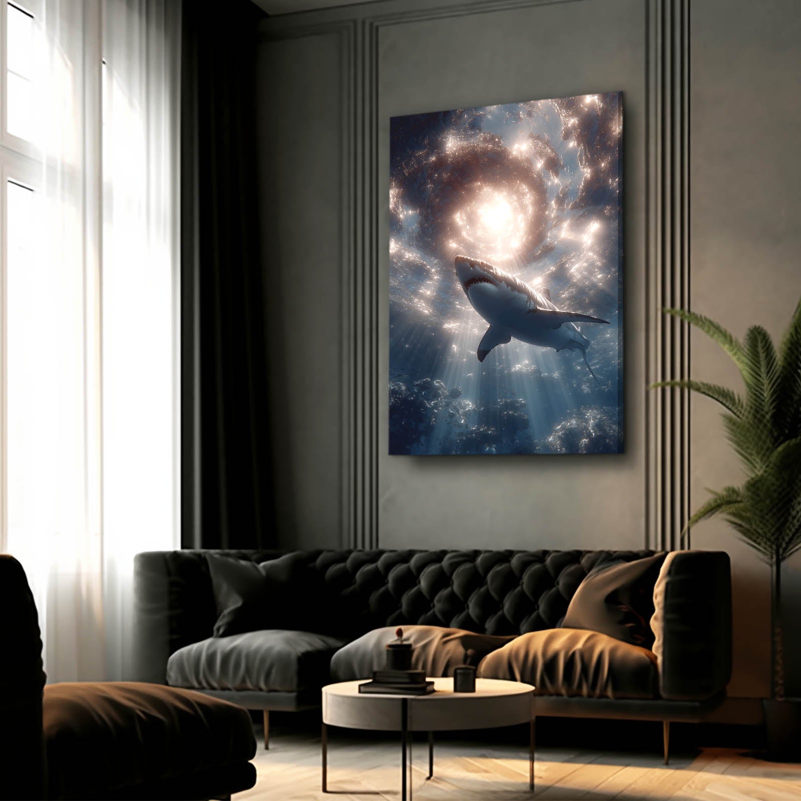Spiral Galaxy Dream Shark Wall Decor – styled in a furnished interior