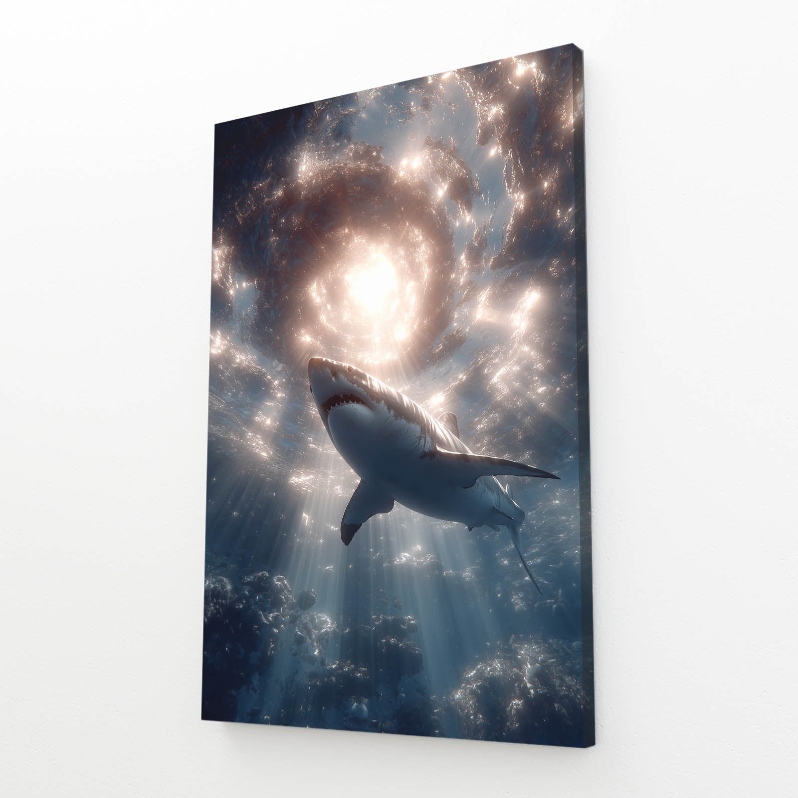 Spiral Galaxy Dream Shark Wall Decor – angled canvas view on white background