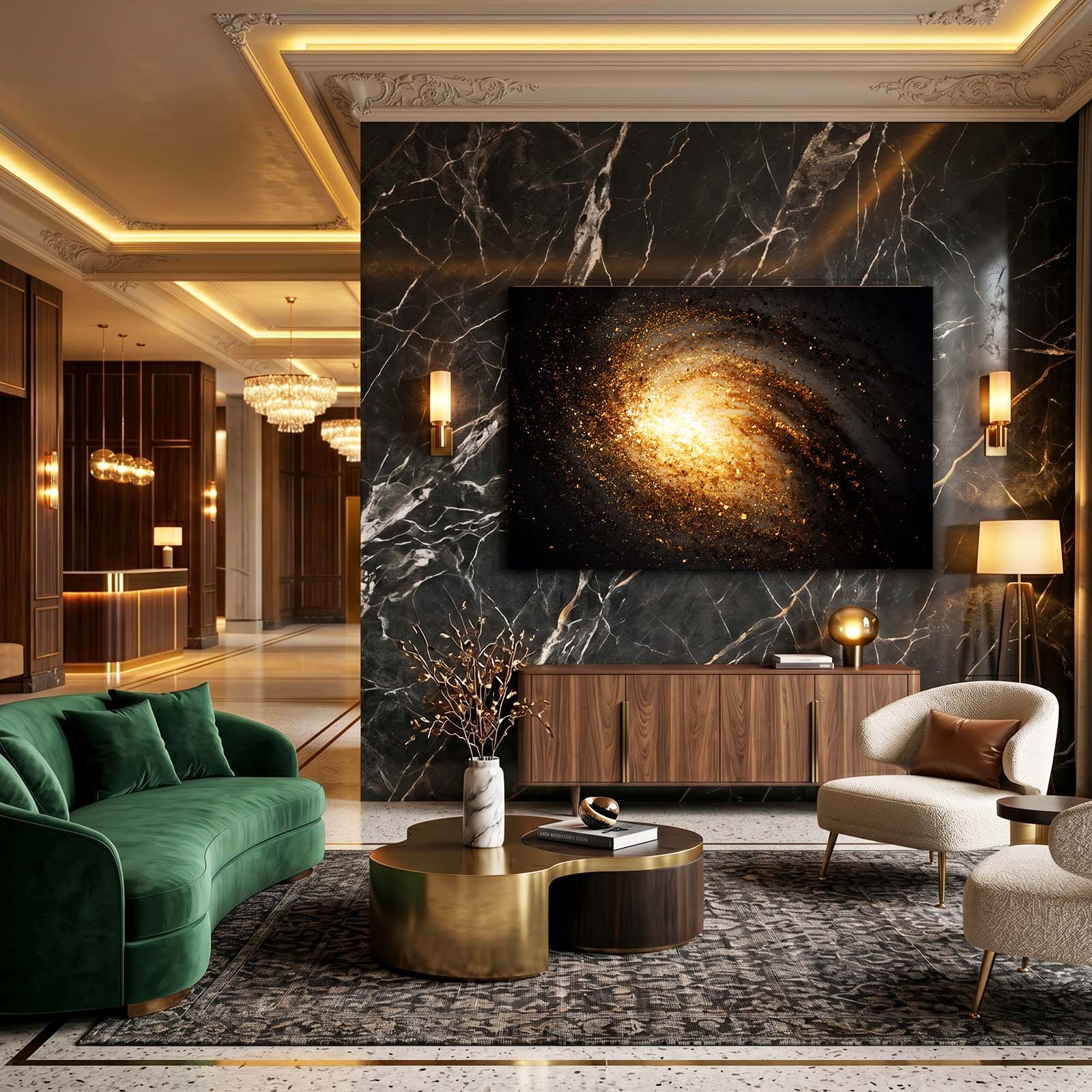 Spiral Galaxy Gold Wall Decor – styled in a furnished interior