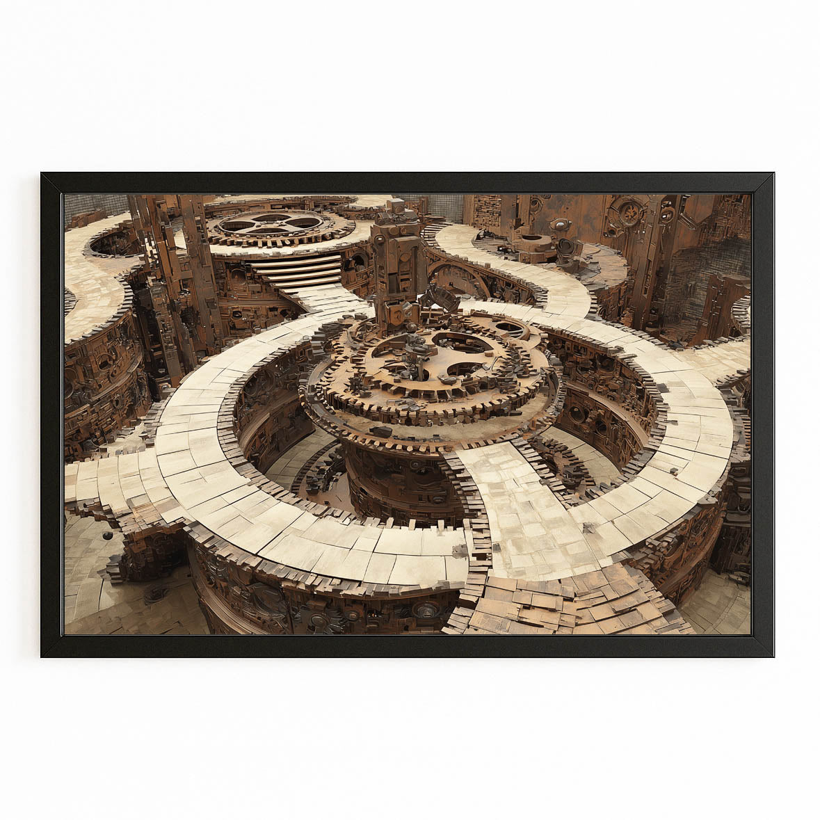 Spiral Gear Coliseum Steampunk Canvas Art – with Premium Black frame on white background
