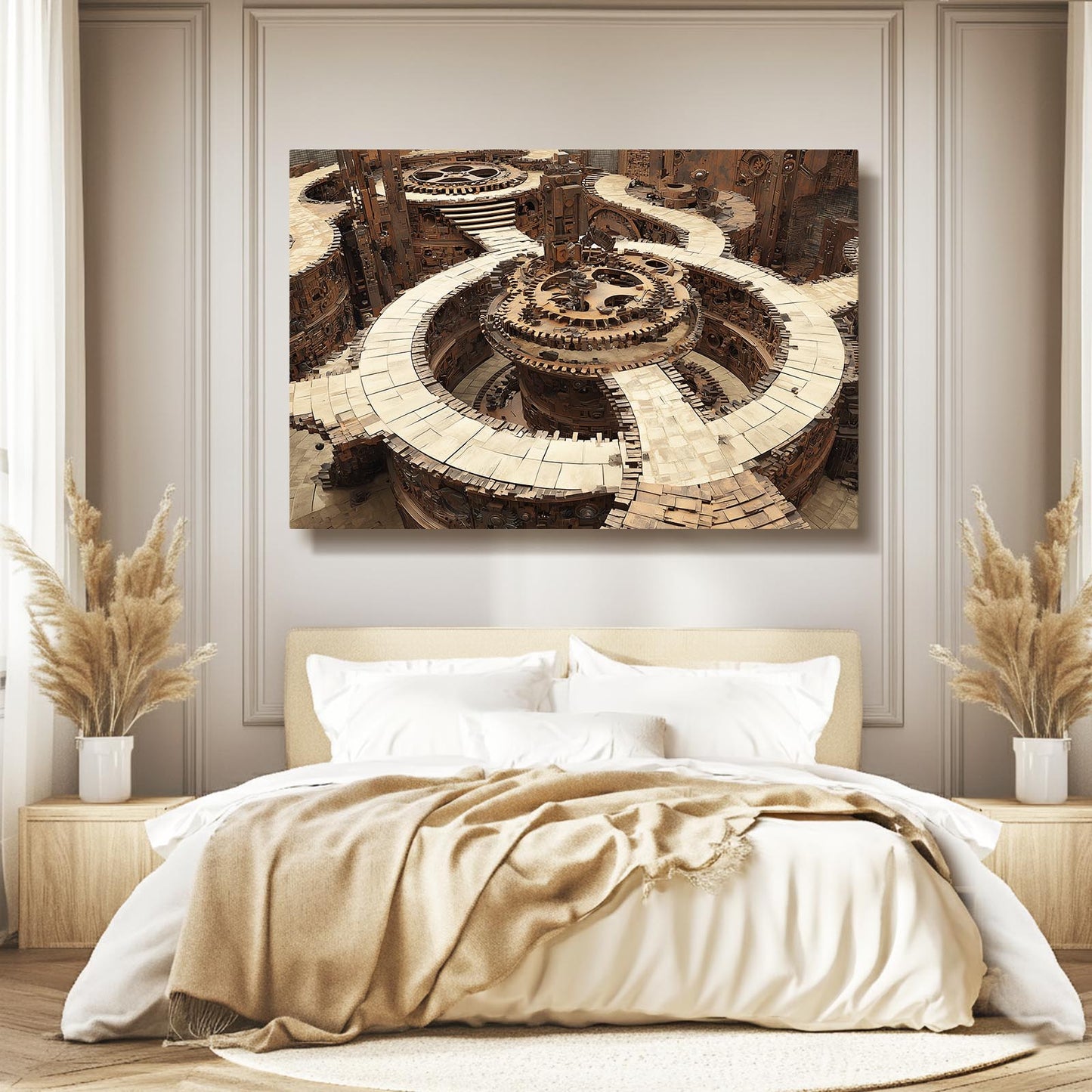 Spiral Gear Coliseum Steampunk Canvas Art – styled in a furnished interior