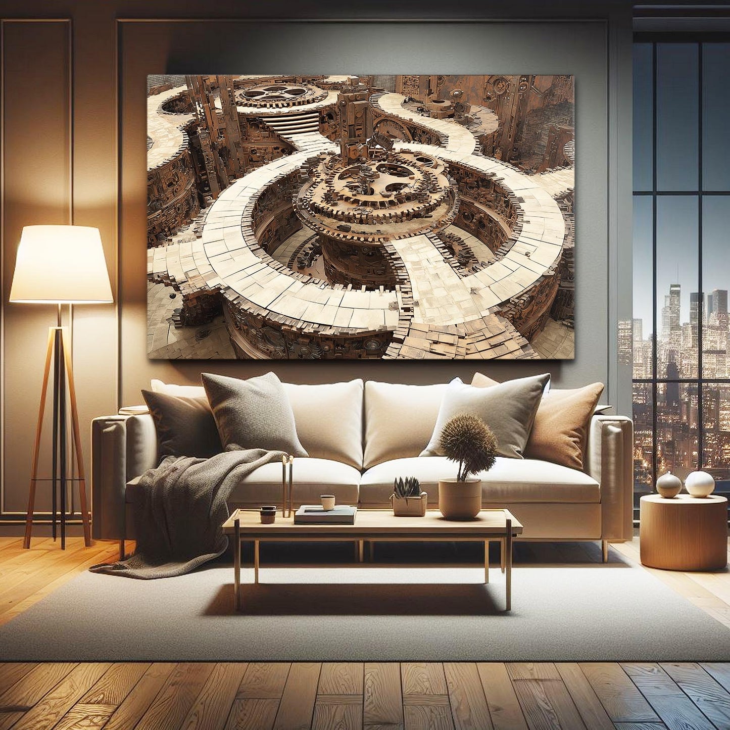 Spiral Gear Coliseum Steampunk Canvas Art – styled in a furnished interior