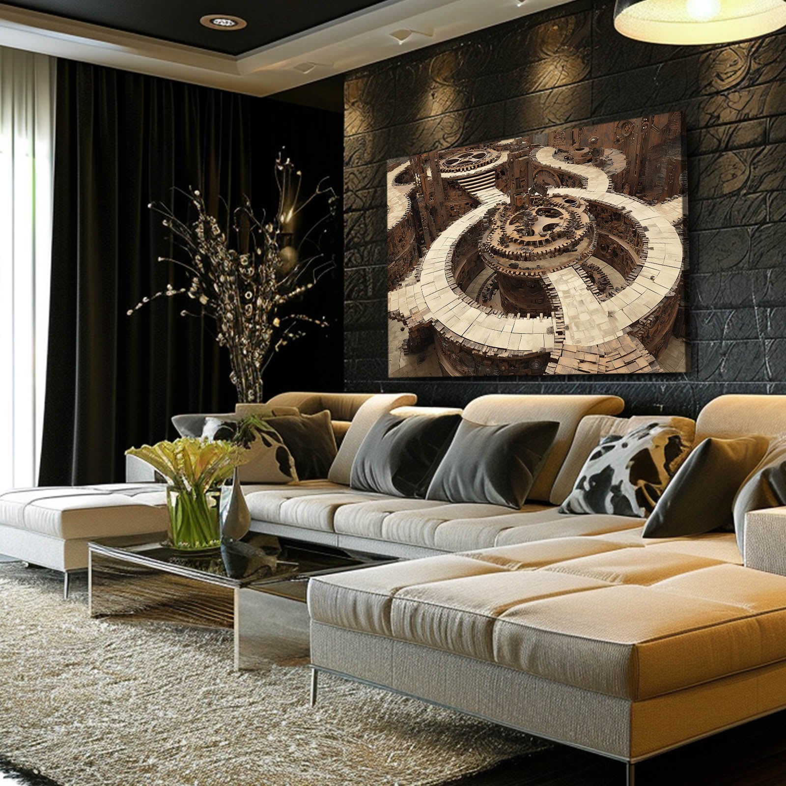Spiral Gear Coliseum Steampunk Canvas Art – styled in a furnished interior