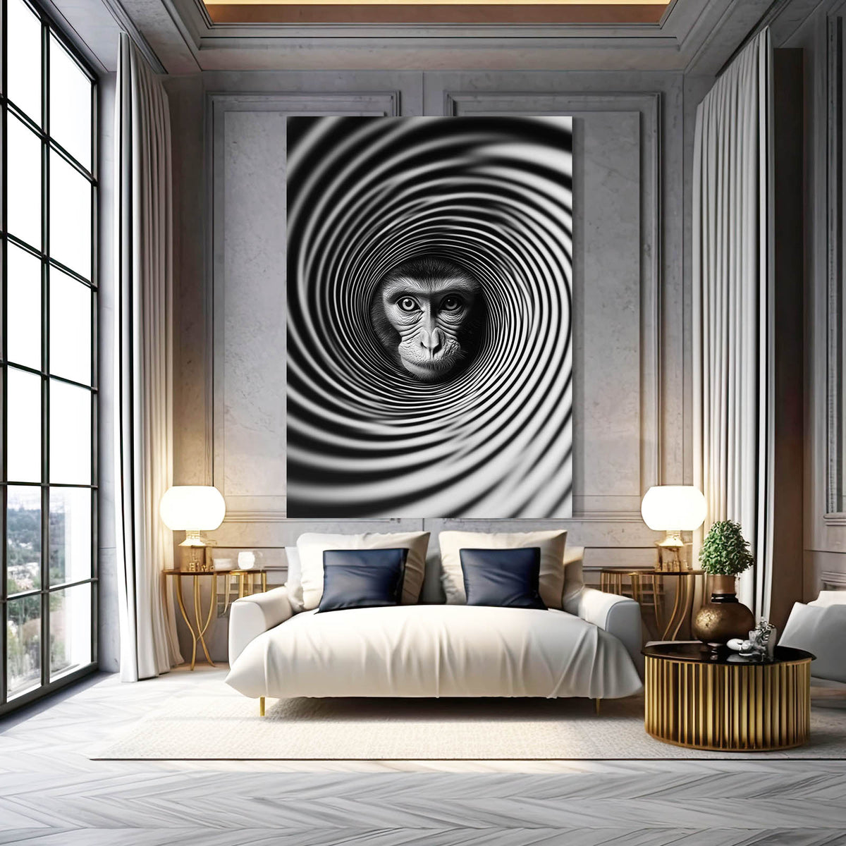 Spiral Illusion Monkey Prints — abstract canvas print, styled in a furnished interior