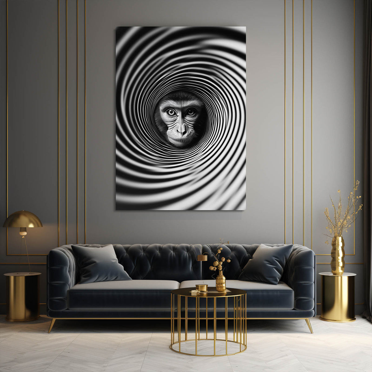 Spiral Illusion Monkey Prints — abstract canvas print, styled in a furnished interior