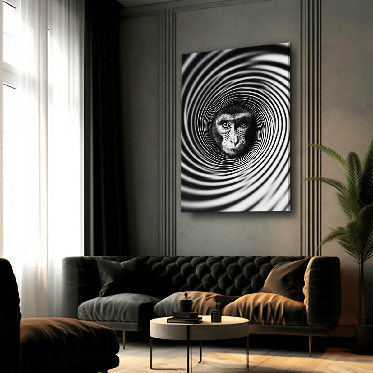 Spiral Illusion Monkey Prints — abstract canvas print, styled in a furnished interior
