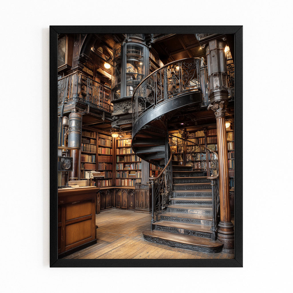 Spiral Library Staircase Steampunk Canvas – with Premium Black frame on white background