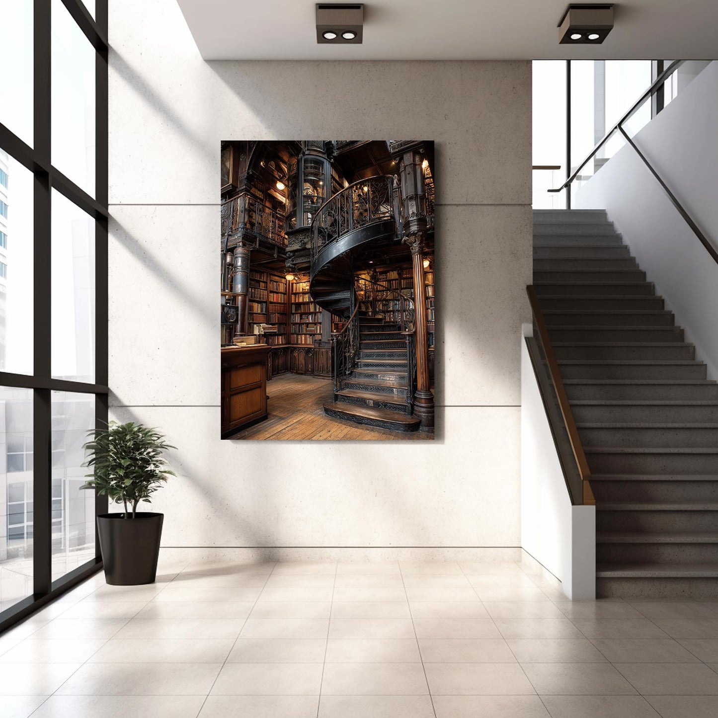 Spiral Library Staircase Steampunk Canvas – styled in a furnished interior