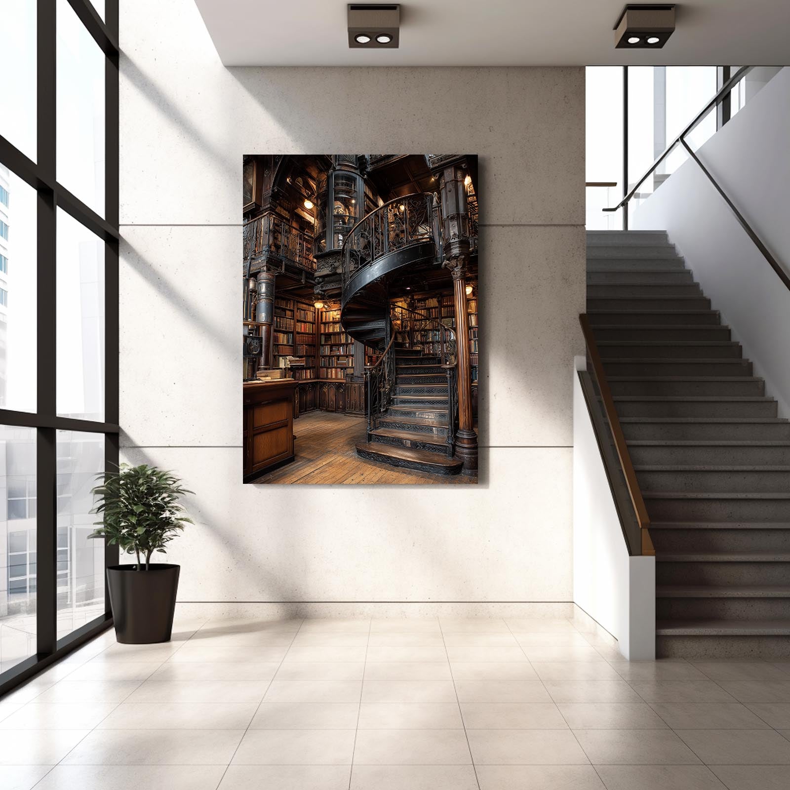 Spiral Library Staircase Steampunk Canvas – styled in a furnished interior