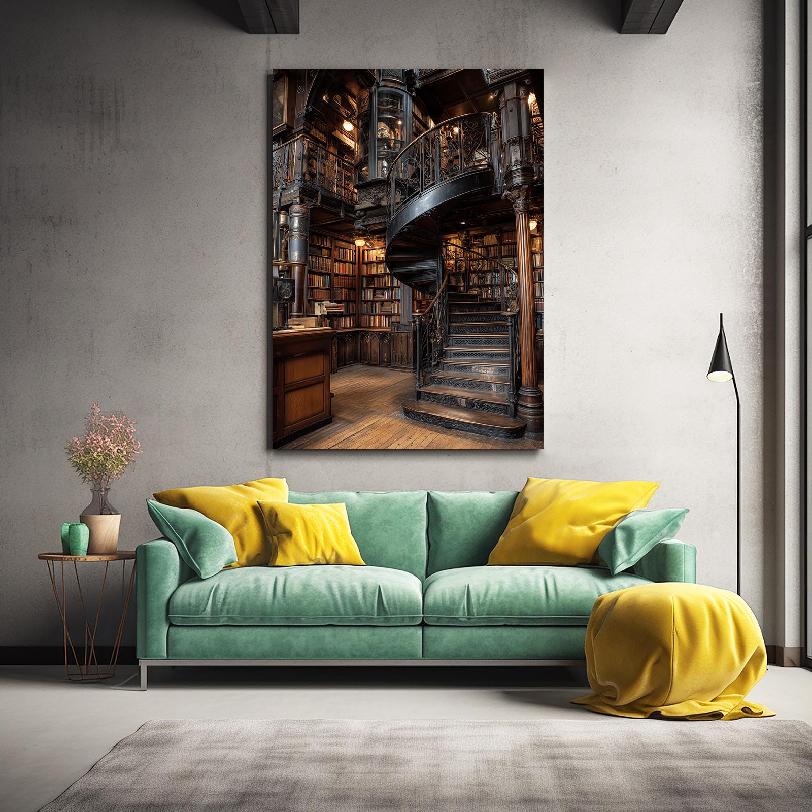 Spiral Library Staircase Steampunk Canvas – styled in a furnished interior