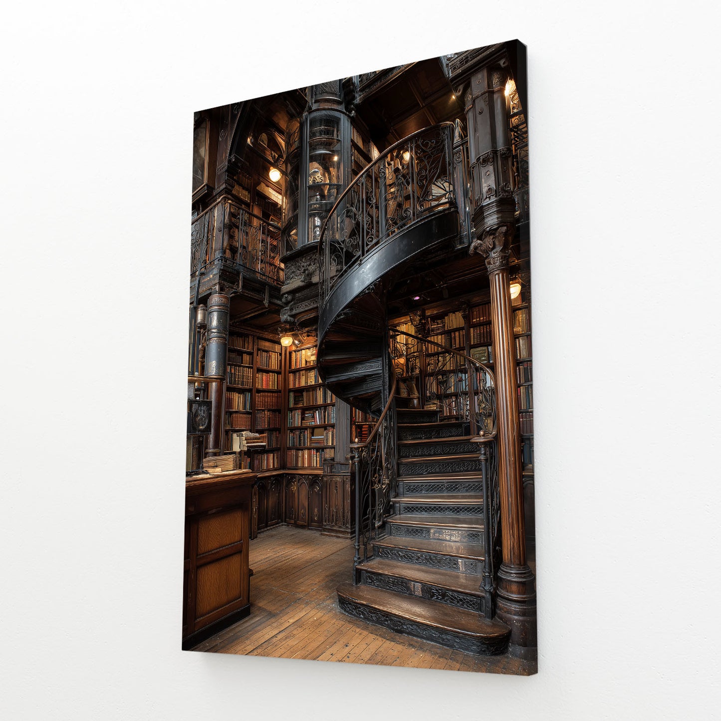 Spiral Library Staircase Steampunk Canvas – angled canvas view on white background