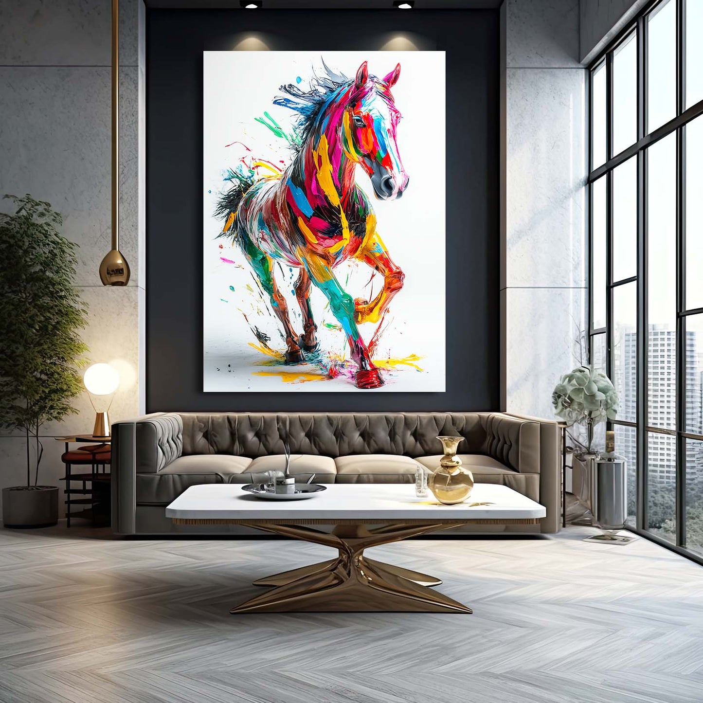 Splash Color Prance Horse Prints — contemporary canvas print, styled in a furnished interior