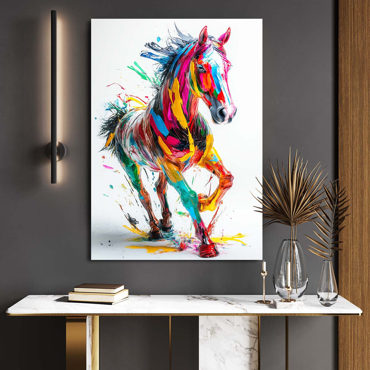 Splash Color Prance Horse Prints — contemporary canvas print, styled in a furnished interior