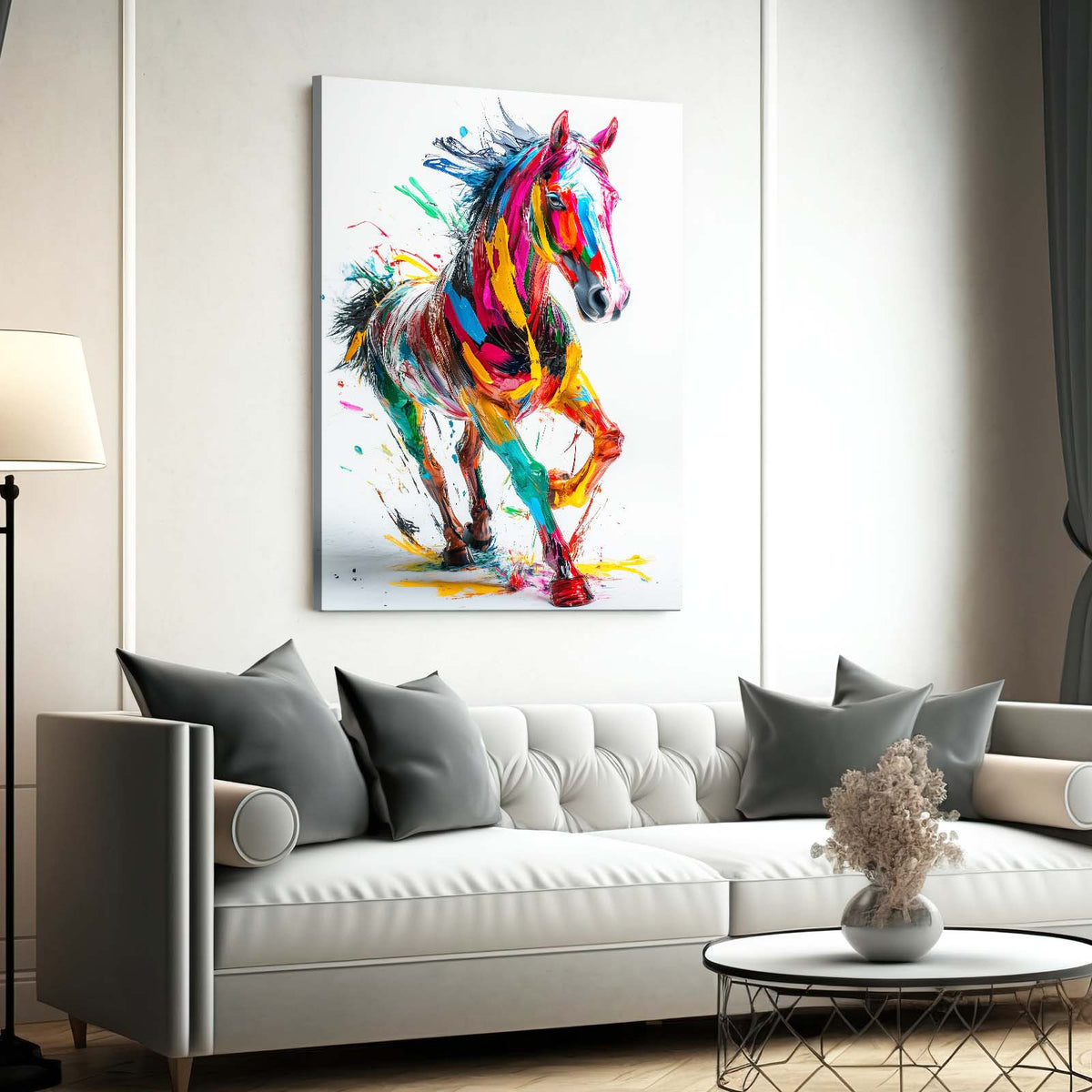 Splash Color Prance Horse Prints — contemporary canvas print, styled in a furnished interior