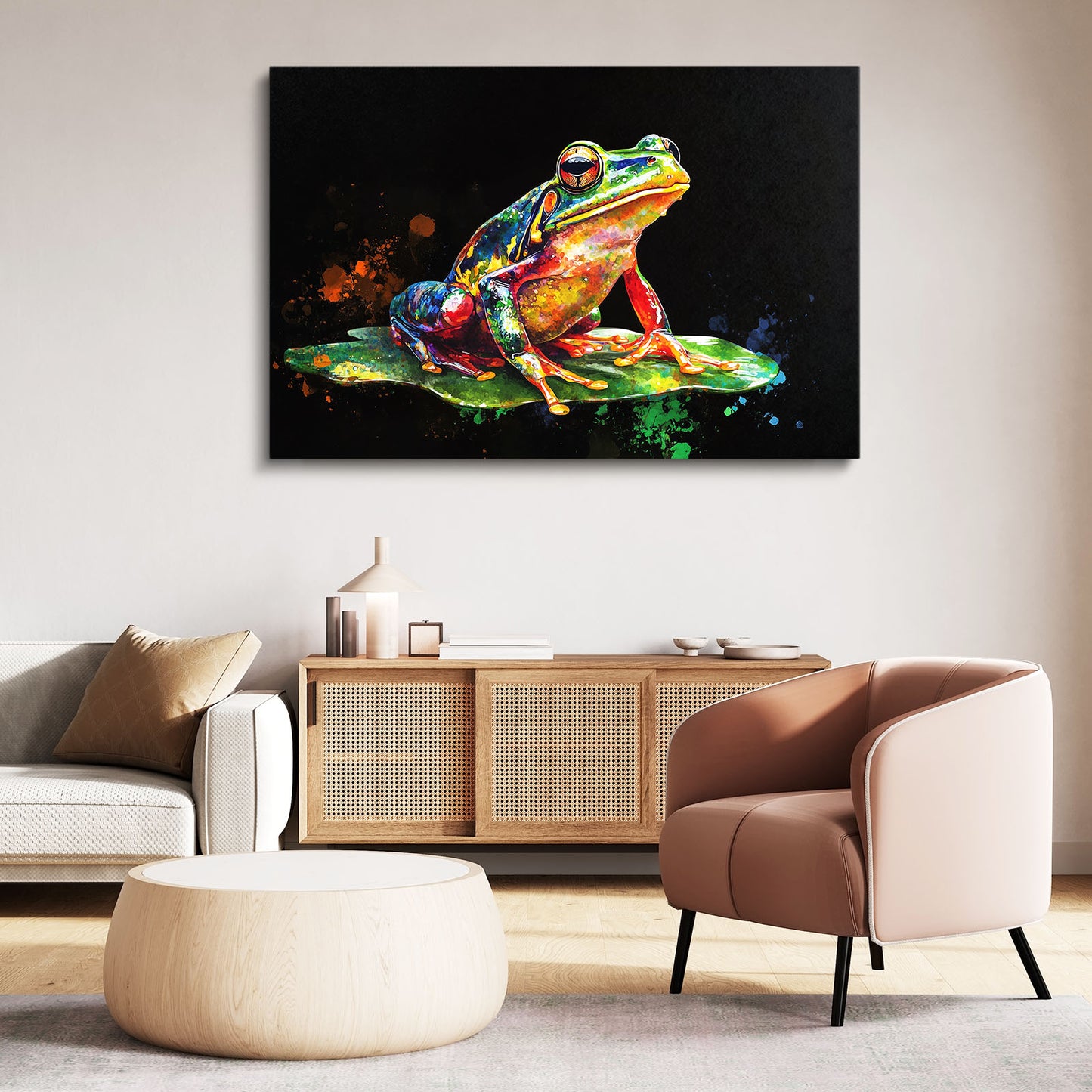 Splash Paint Frog Art – styled in a furnished interior