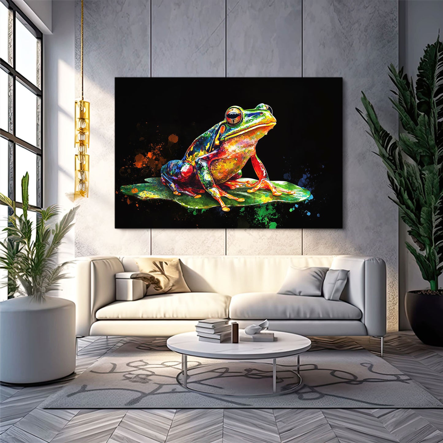 Splash Paint Frog Art – styled in a furnished interior