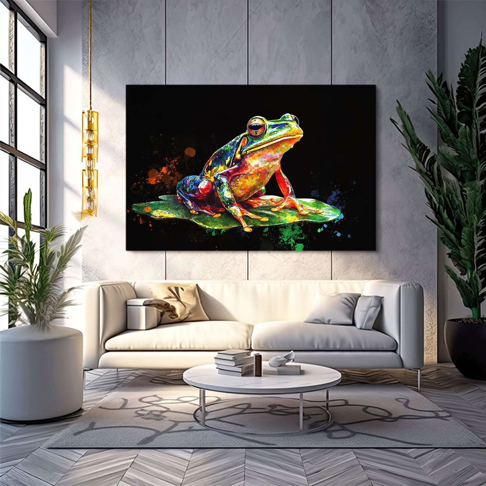 Splash Paint Frog Art – styled in a furnished interior