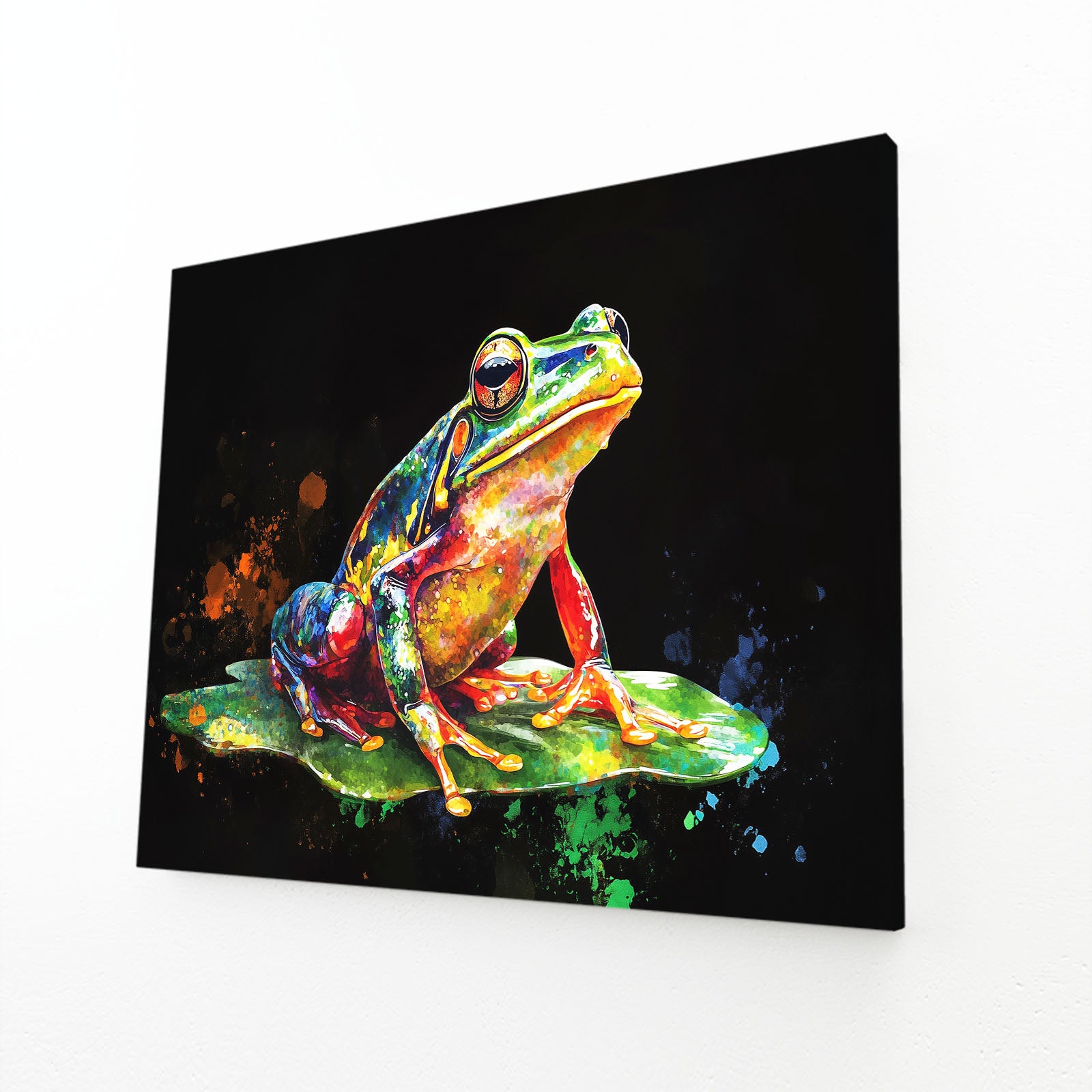 Splash Paint Frog Art – angled canvas view on white background