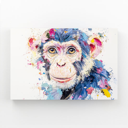 Splash Paint Portrait Monkey Art – angled canvas view on white background