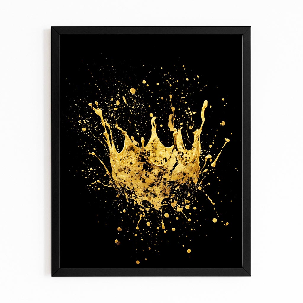 Splashed Gold Crown Canvas Art – with Premium Black frame on white background