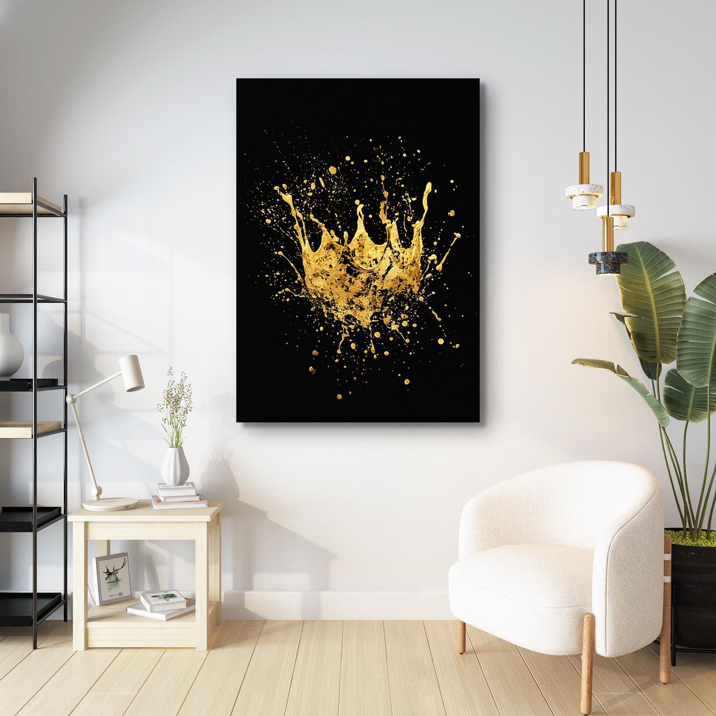 Splashed Gold Crown Canvas Art – styled in a furnished interior