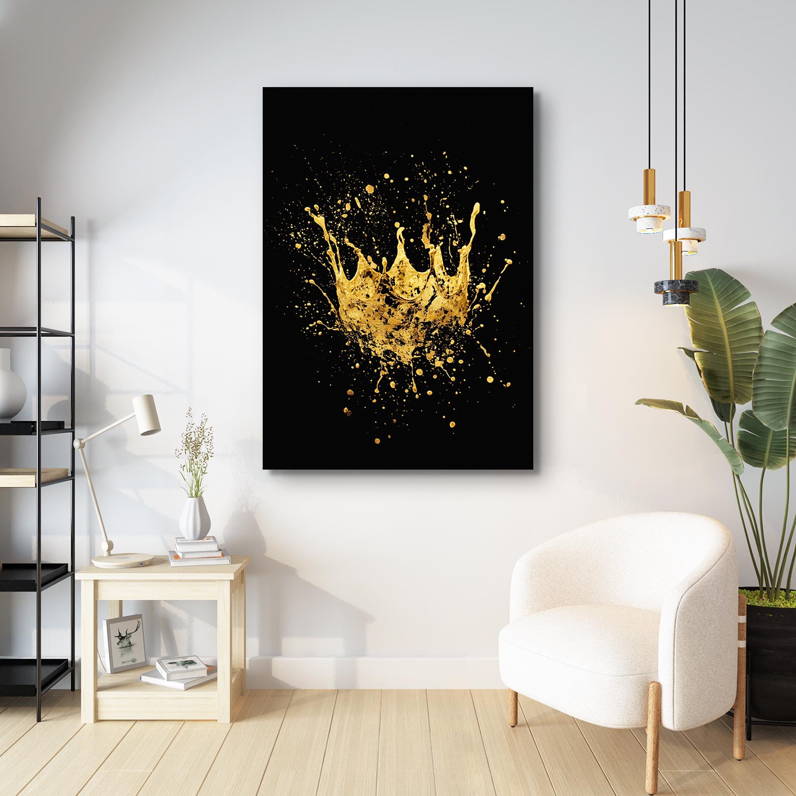 Splashed Gold Crown Canvas Art – styled in a furnished interior