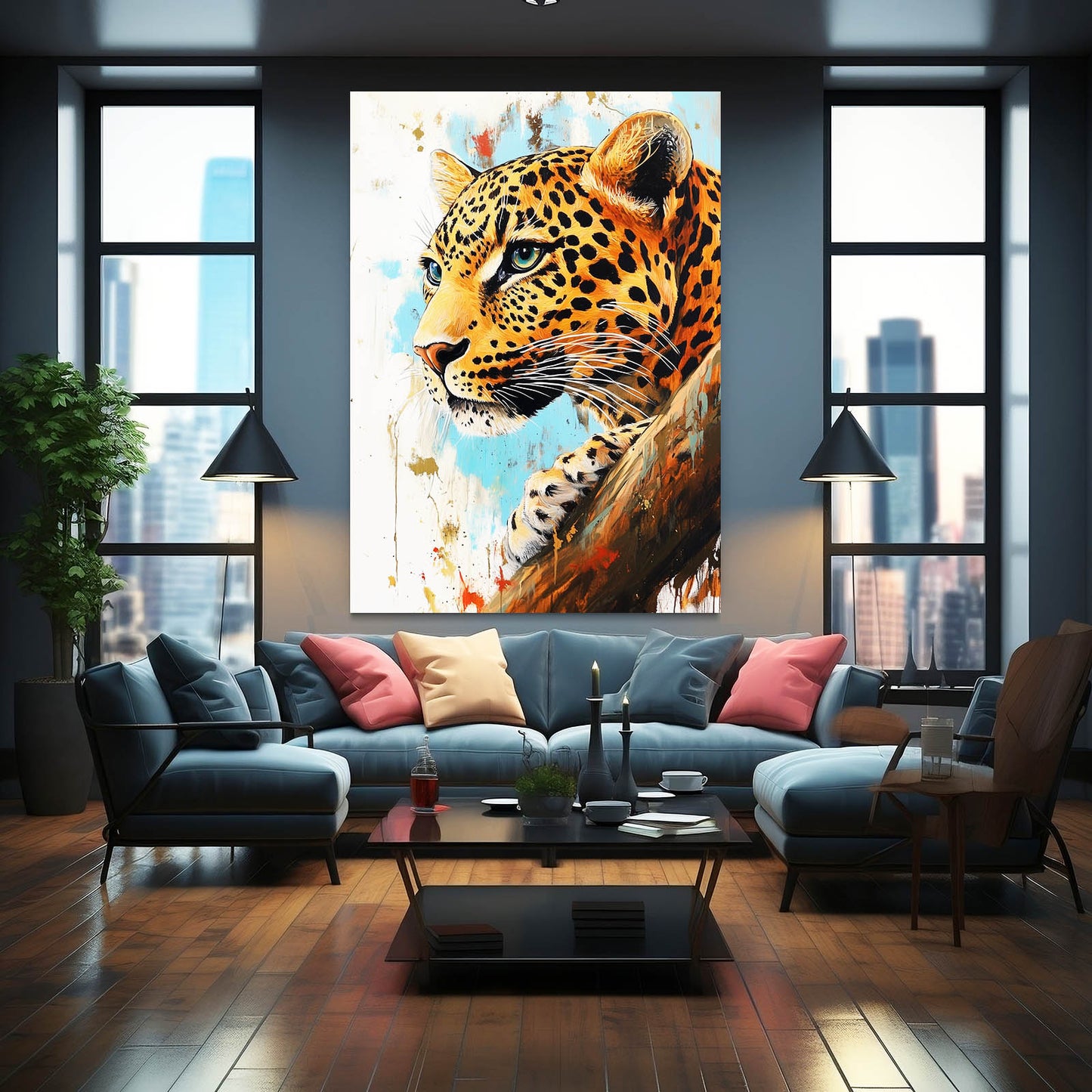 Splashed Teal Portrait Leopard Wall Art – styled in a furnished interior
